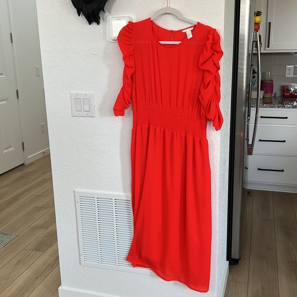 H&M Red-Orange Smocked Midi Dress - Picture 4 of 4